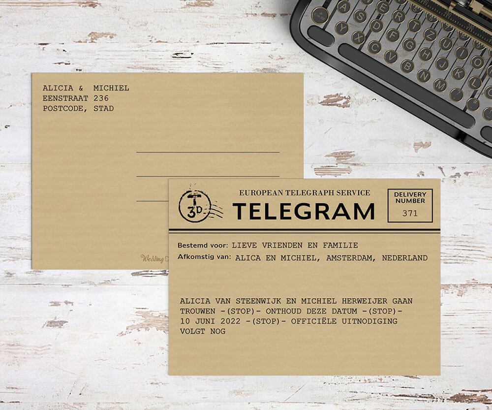 Trouwkaart Telegram nu met bijpassend ontwerp als save the date kaartje