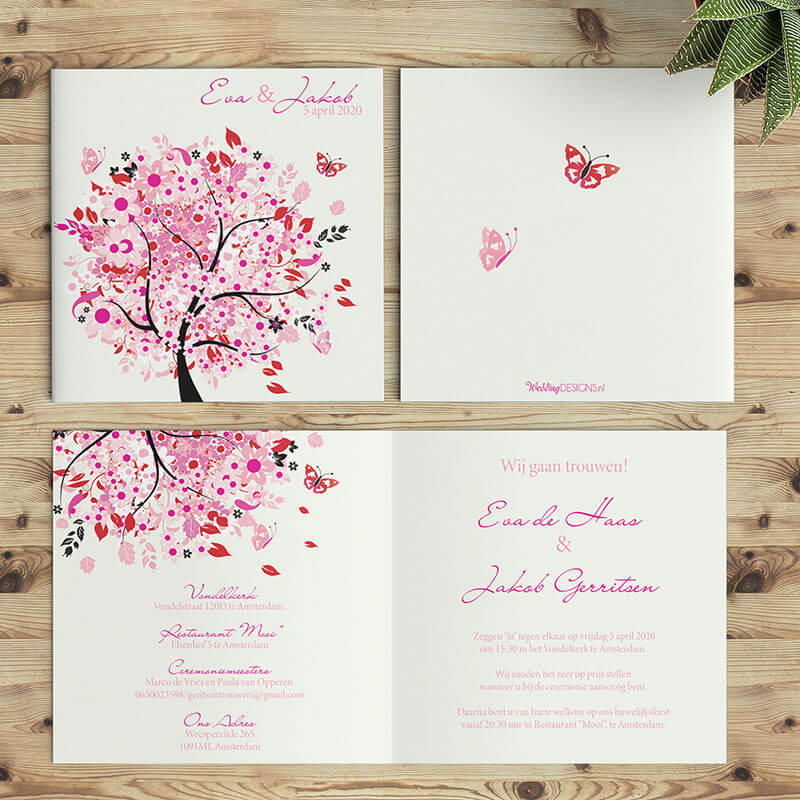 Grafische trouwkaarten met illustraties. Mooie, roze en vrolijke boom illustratie.