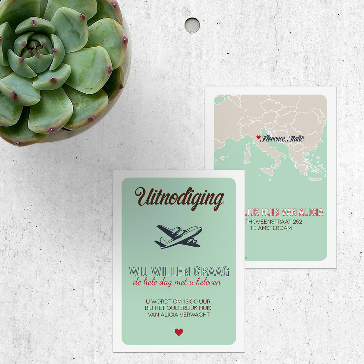 Inlegvel Landkaart Europa past bij de gelijknamige trouwkaart en is bedoeld als extra kaartje voor meer informatie. Met retro vliegtuig.
