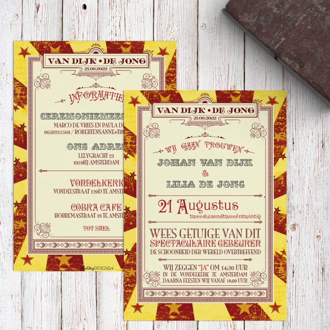De voor- en achterkant van trouwkaart Circus Ticket