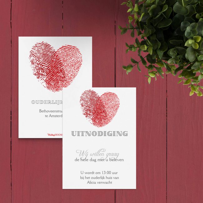Een klein kaartje voor bij de trouwkaart met extra informatie voor een specifieke groep gasten, in leuke Vingerafdrukken stijl.