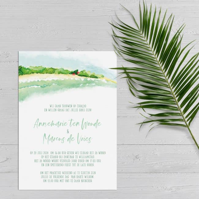 Trouwkaart Tropisch Eiland probeert de genodigde de sfeer te laten proeven van een tropisch eiland. Kan o.a. voor destination wedding.