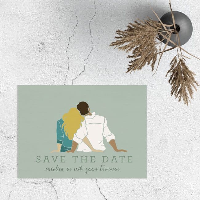Save the date kaartje Abstract Bruidspaar is een romantisch kaartje, in een minimalistische stijl. Opvallende en zachte kleuren.
