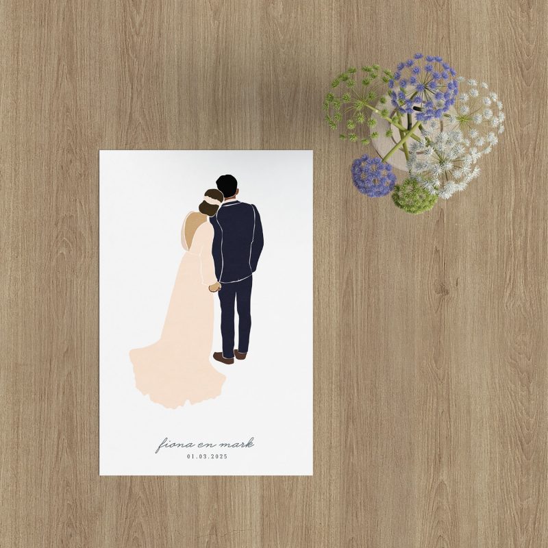 Trouwkaart Abstract Bruidspaar is vormgegeven in minimalistische stijl, met een op kleur aanpasbaar stelletje. Zelf te personaliseren.